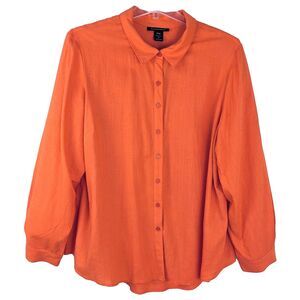 Ashley Stewart Orange Linen Rayon Button Front Size 20 Long Sleeve Shirt